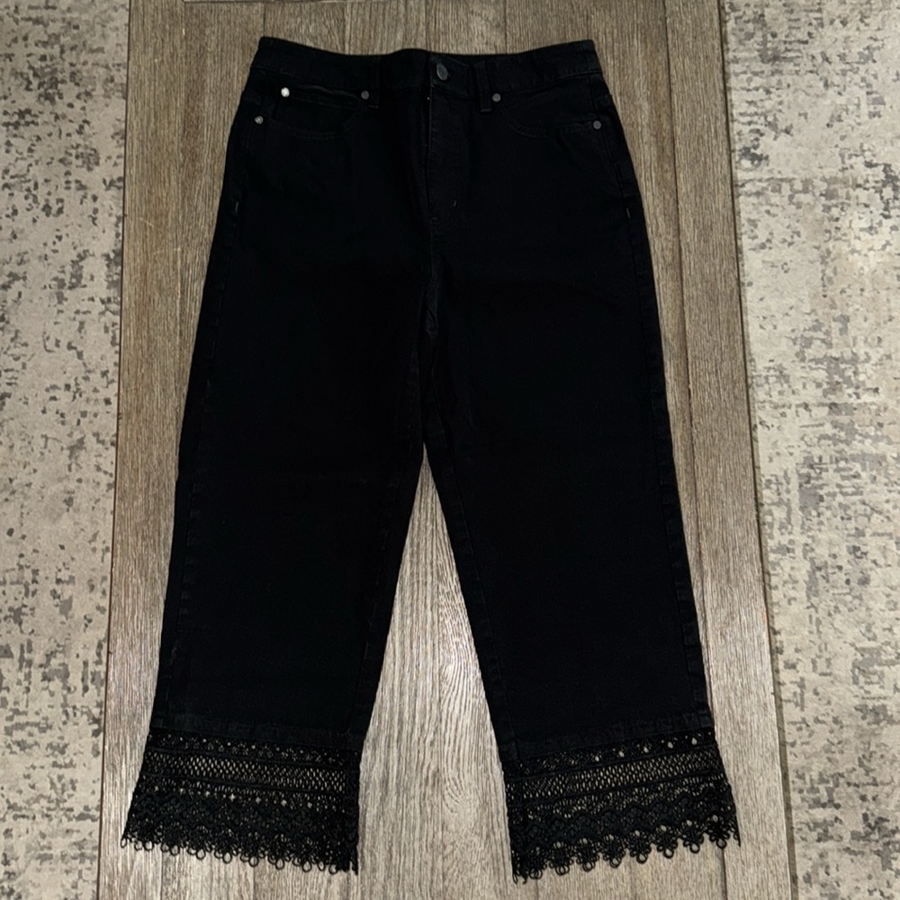 Soft Surroundings WIDE LEG CROP Lace Hem Pants Black